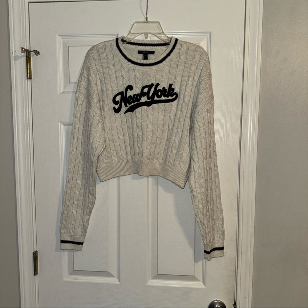 Forever 21 Cream Cable Knit Sweater with Black Details